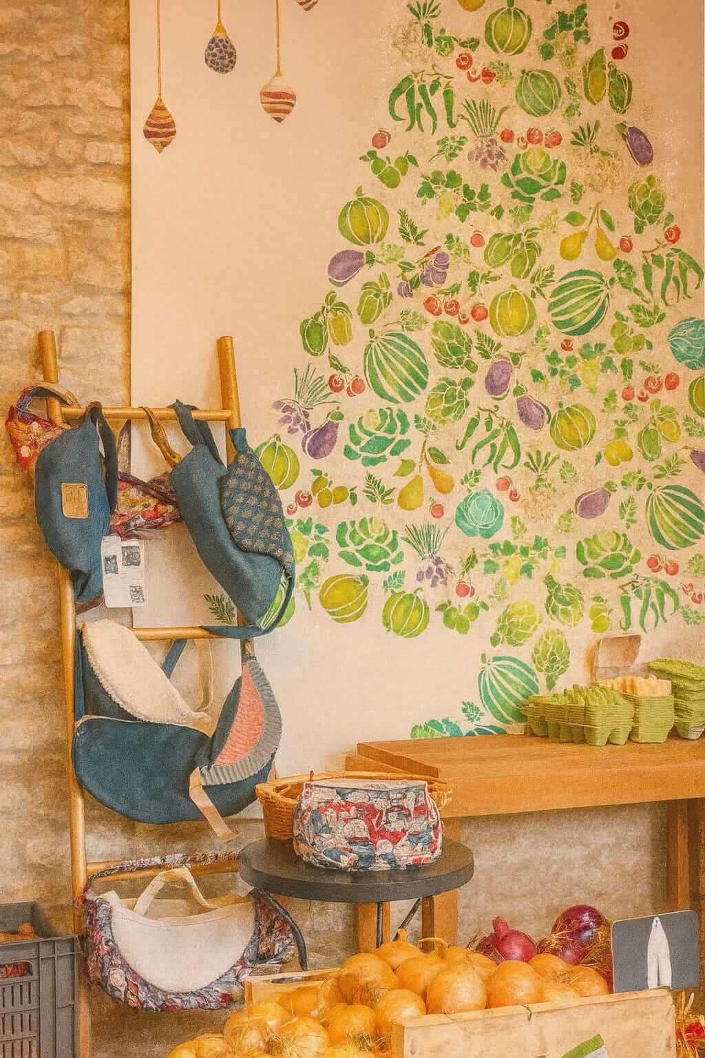 Sacs de Mikette exposés à la Ferme des Plaines, parmi les produits fermiers