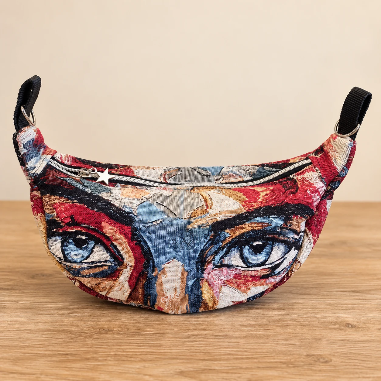 Sac demi-lune à motif de regard, cousu dans un tissu épais rouge, bleu et écru